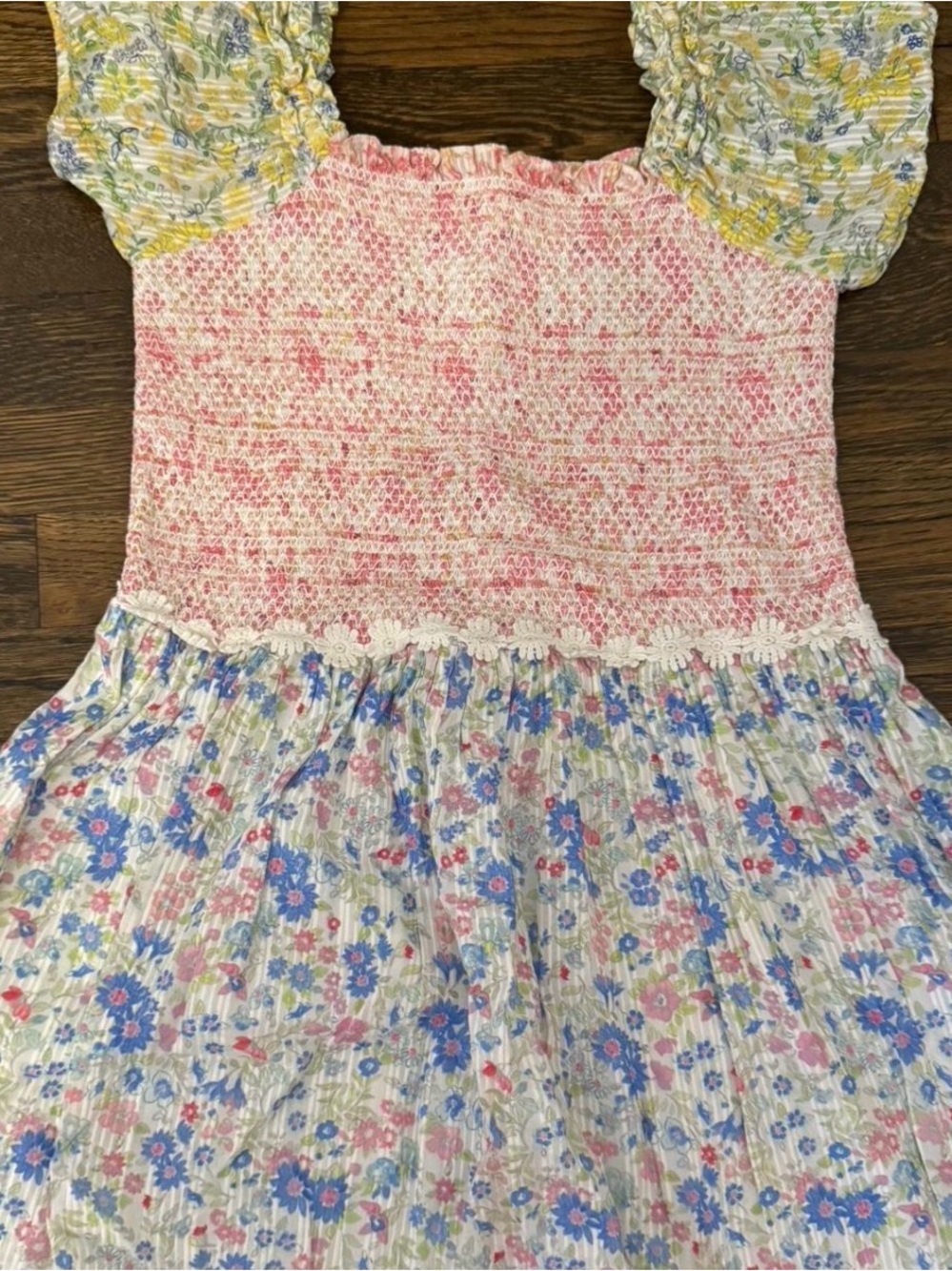 LoveShackFancy Pink Smocked Floral Dress with Blue & Yellow Accents